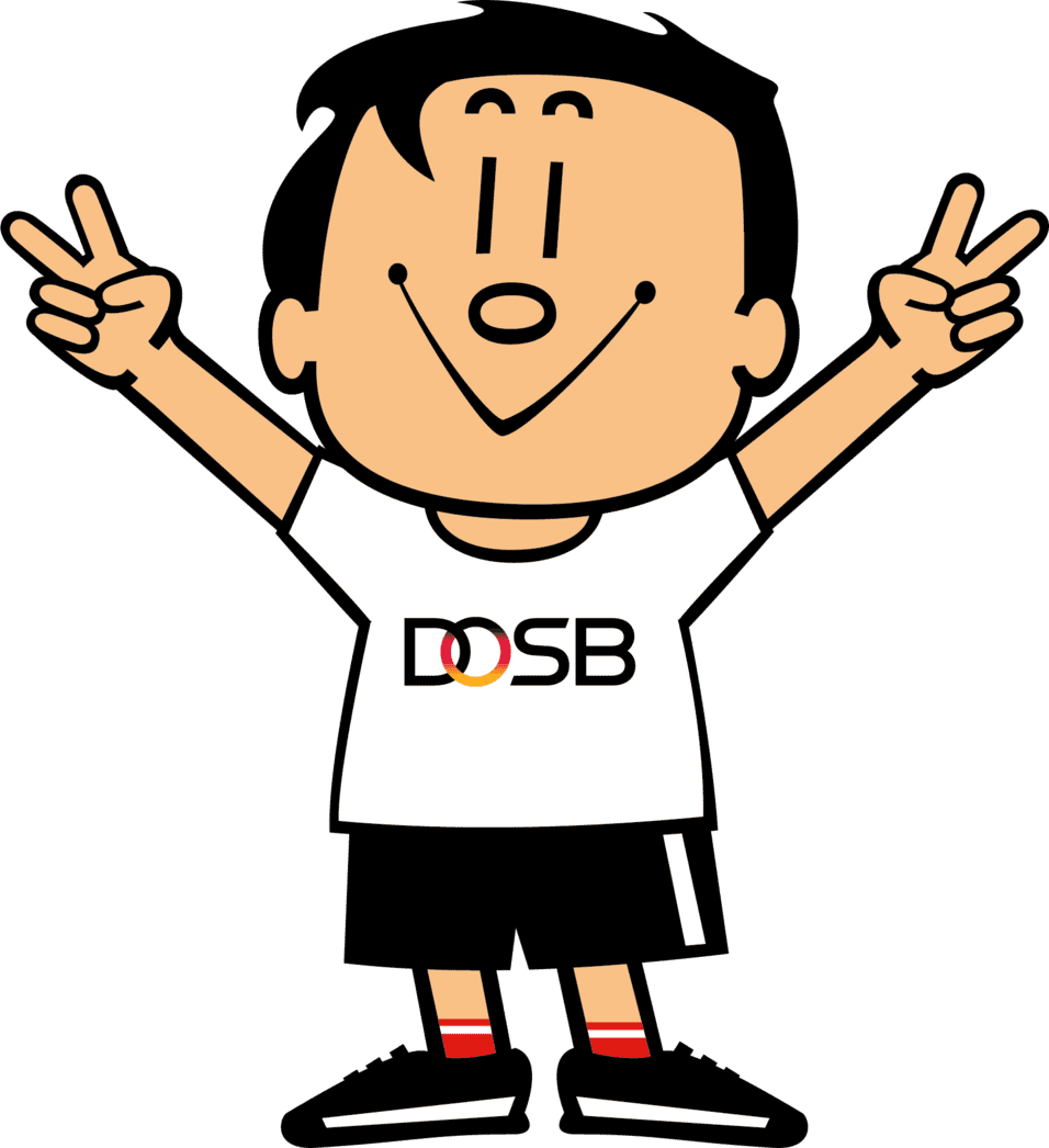 Trimmy, DOSB-Symbolfigur: Fröhlicher Junge mit erhobenen Armen und Sieger-Zeichen.